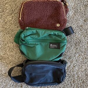 Lululemon Green Nylon Waist Bag + Brown Sherpa & Black Nylon Pouches (Set)